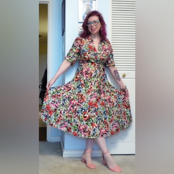 JG Hook Multicolor Artsy 100% Linen Faux Wrap Beatiful Vacation Midi Dress Sz 6 - Picture 3 of 9